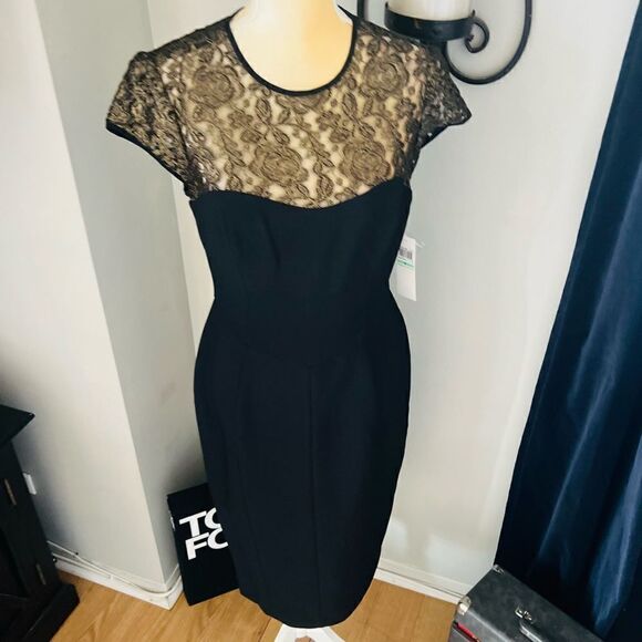 Maggy London Black Stretch Crepe Gold Lace Illusion Dress, Black, Size 8, NWT - Picture 11 of 17